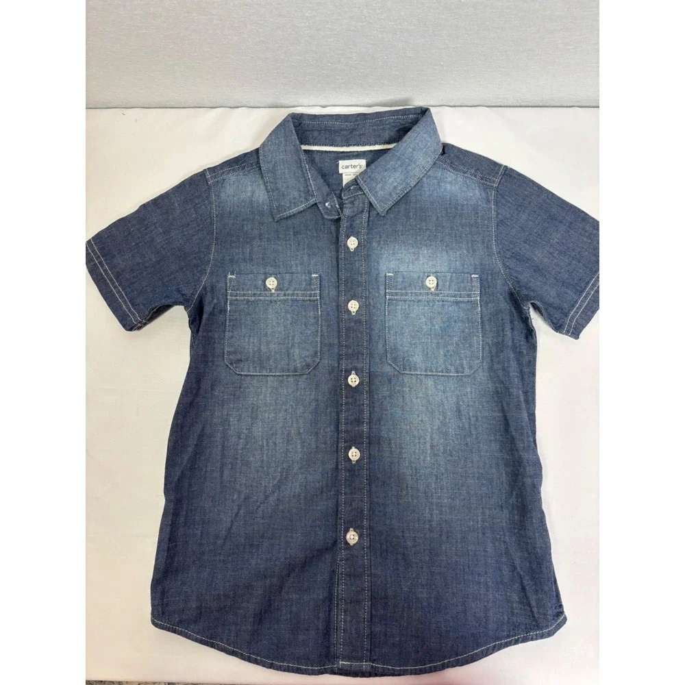Carters Boys Size 7 Plaid and Chambray Blue Green Short Sleeve Button Down Lot 2